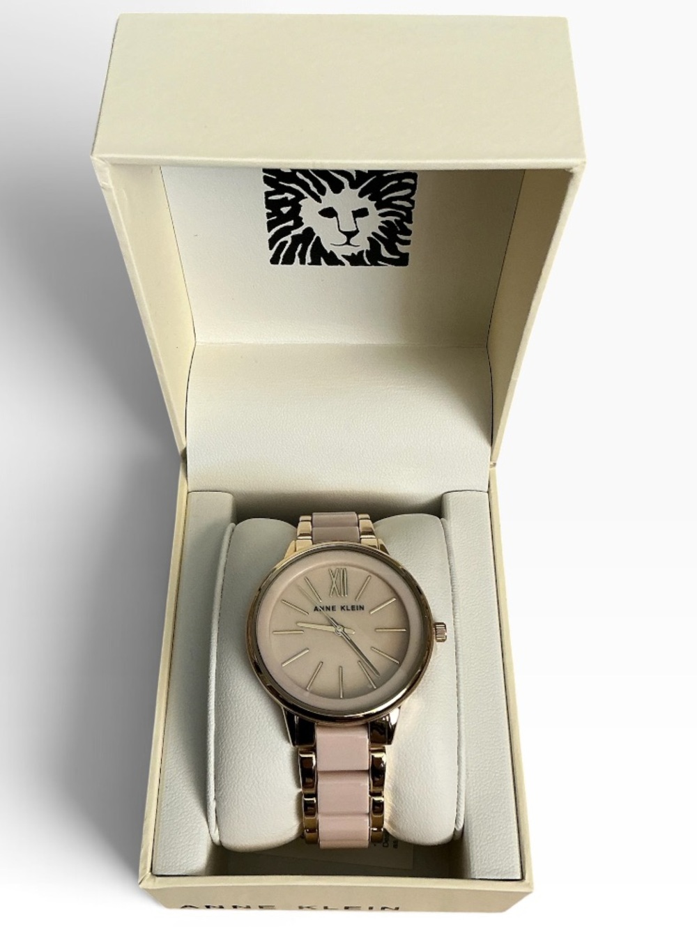 New Anne Klein Quartz Iridescent Acetate Gold-Tone/Blush Pink Bracelet Watch